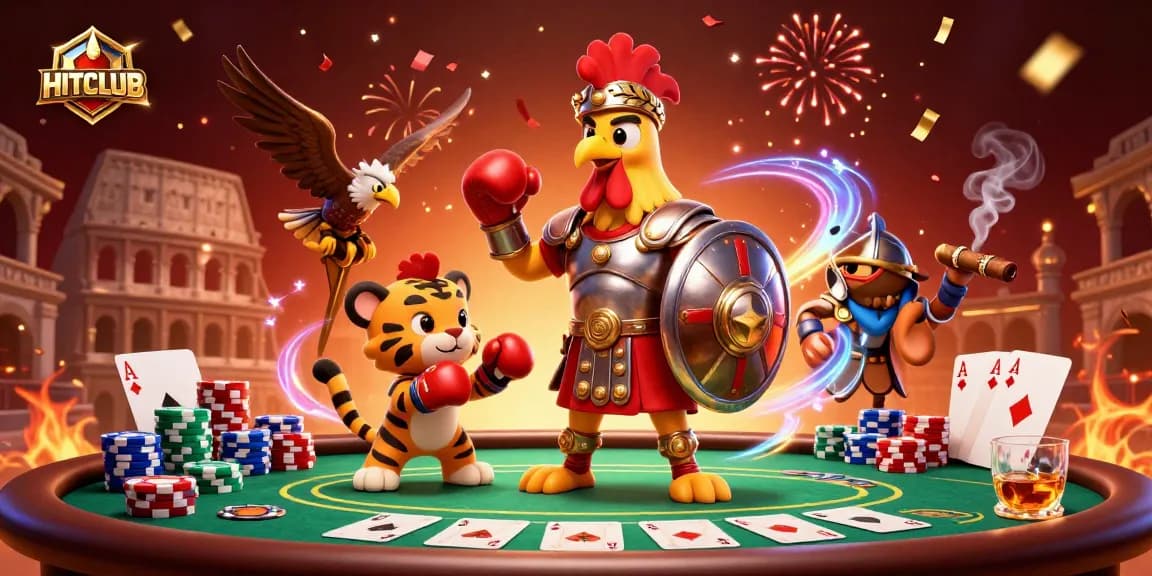 Experience the excitement of HITCLUB in this vibrant, dynamic casino illustration featuring poker elements and energetic characters.