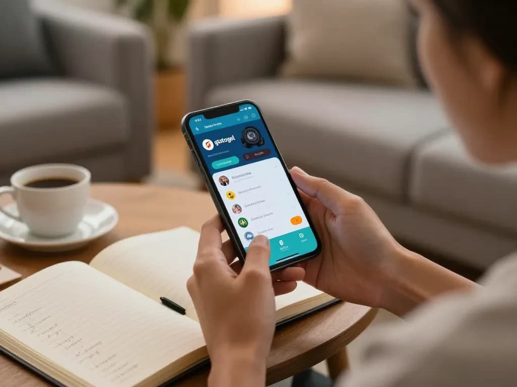 Engaging with gtatogel app on mobile, relaxed home gaming scene.
