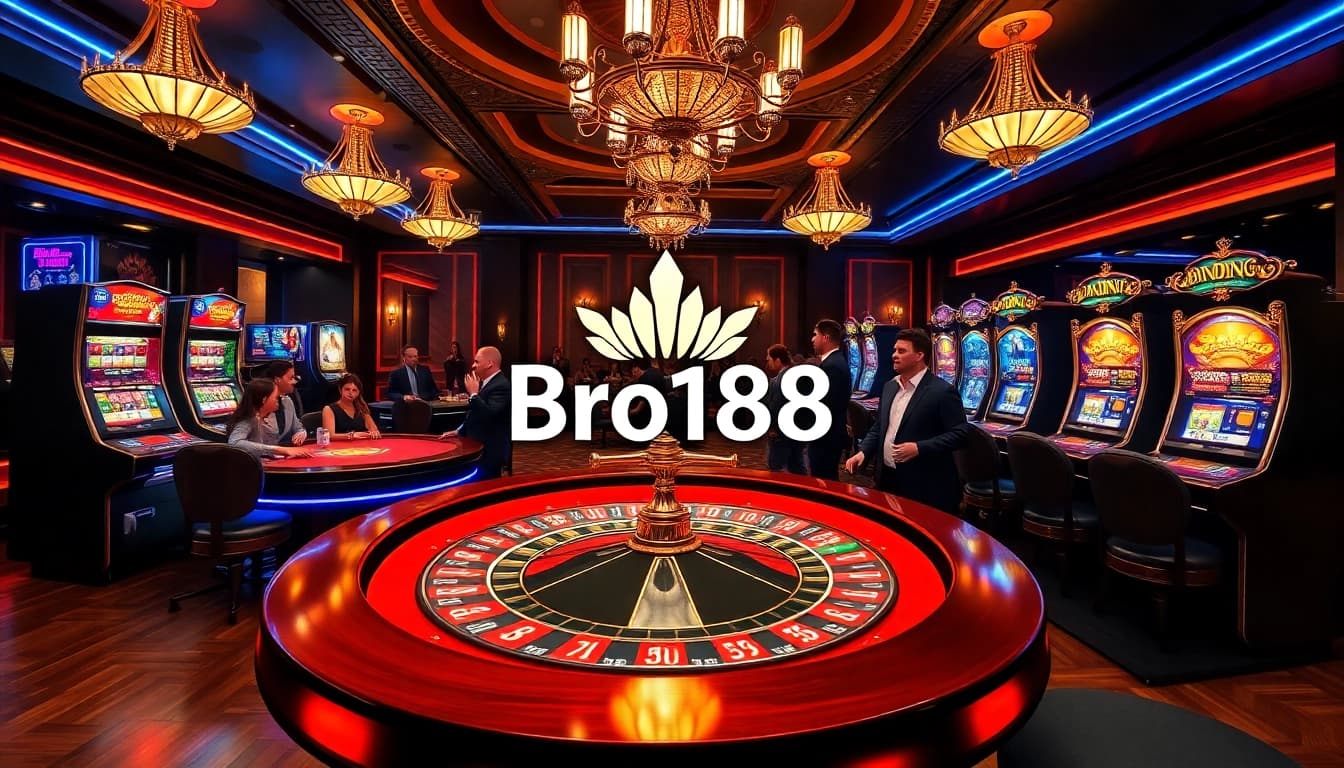 Experience the thrill of Bro138 with a luxurious casino scene showcasing roulette and poker action.