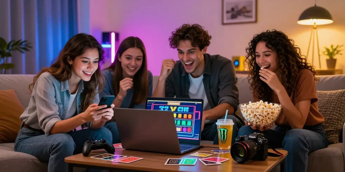 Engaged players at https://thegbhouse.co.uk/ exploring a credit card casino in an energetic living room.