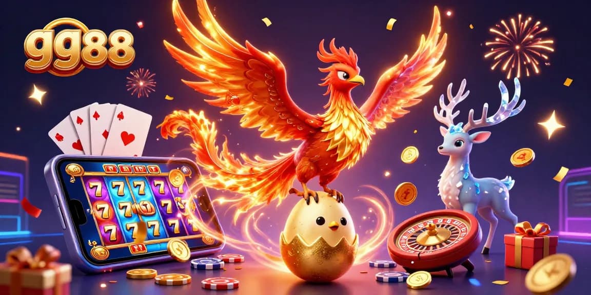 Experience thrilling slots as gg88's vibrant phoenix soars amidst dynamic casino elements.