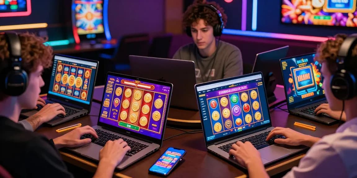 Engaging players exploring new UK slot sites on modern devices with vibrant slot game graphics.