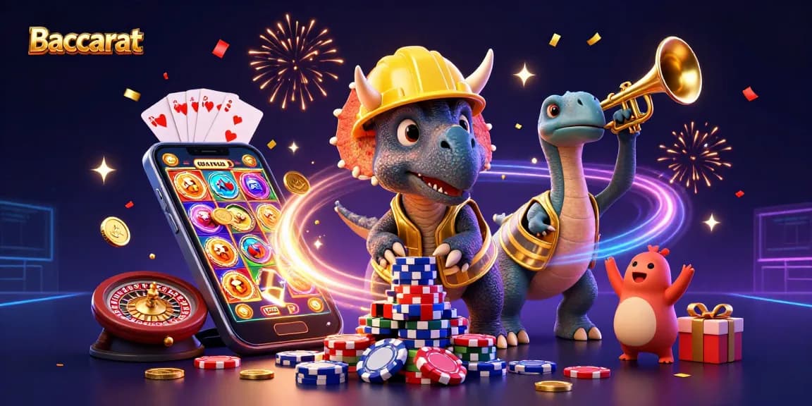 Baccarat illustration with a triceratops and parasaurolophus celebrating a stacked chip pyramid amidst casino elements.