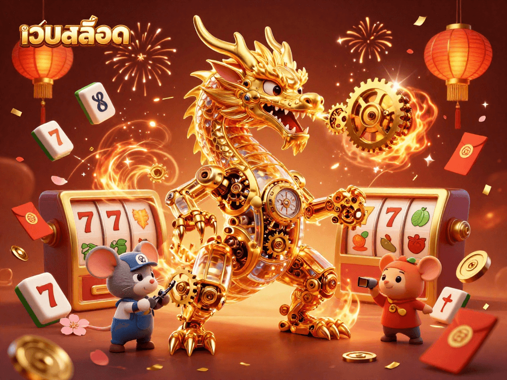 Win big with เว็บสล็อต as a golden dragon breathes gears in a festive casino scene.