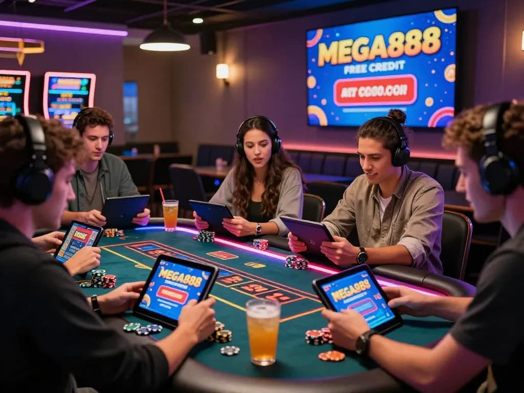 Dynamic gaming lounge scene with players engaging in Mega888 free credit promotions, vibrant atmosphere, neon lights, and shared strategies.