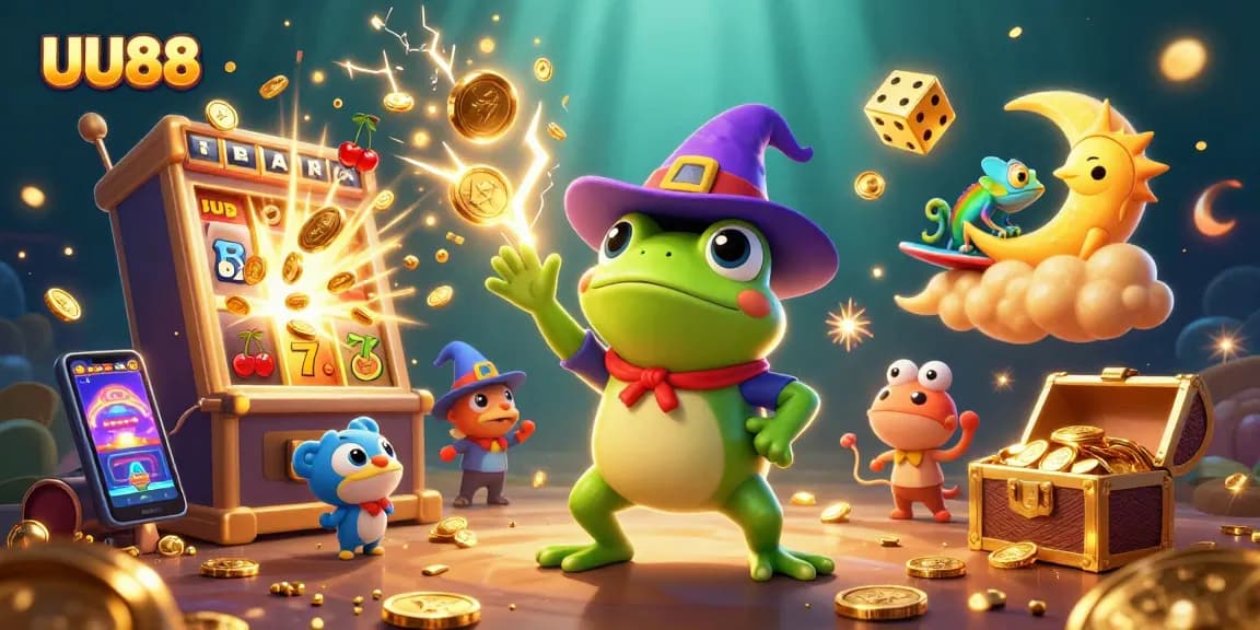 Engage with UU88's thrilling online casino experience amid swirling golden coins and vibrant game elements.