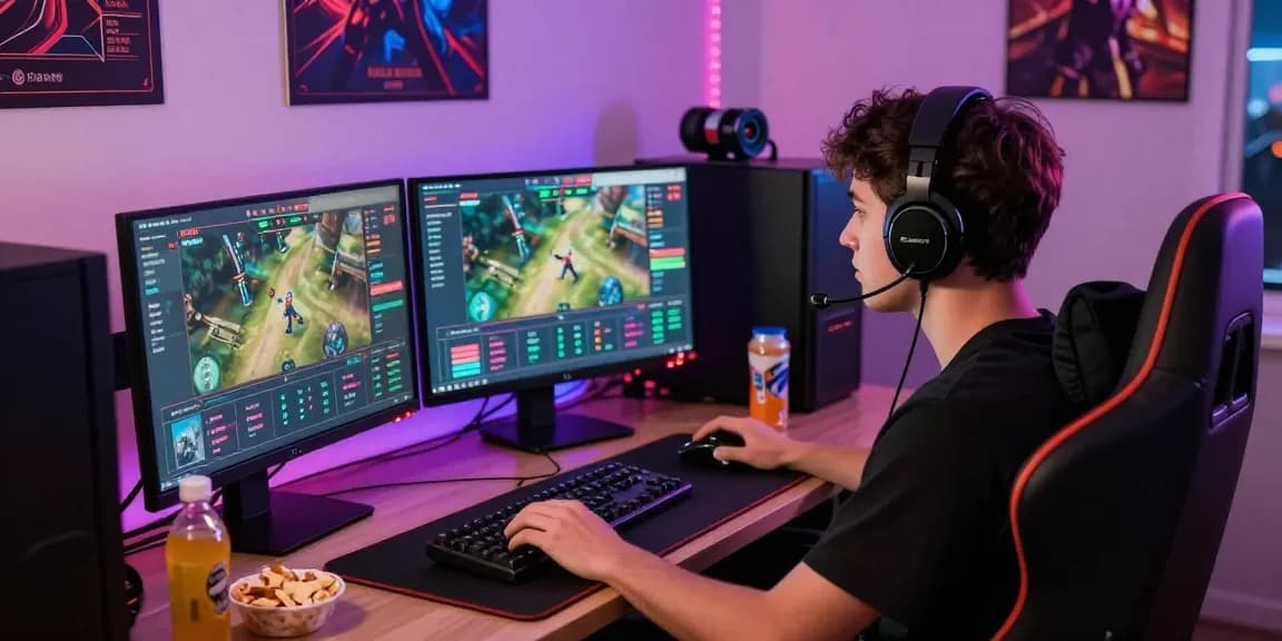 Engaged player at mahajitu online gambling site with gaming setup.