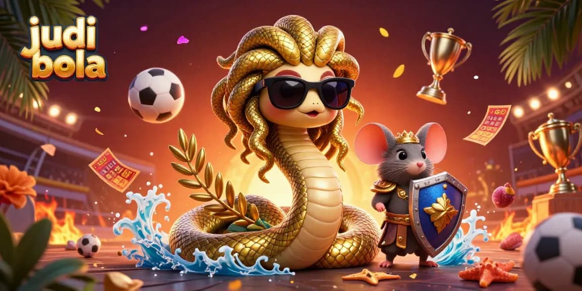 Bet on judi bola with a friendly Medusa and a warrior mouse amid dynamic sports elements.