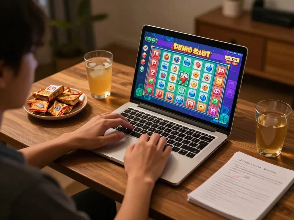 Moment menarik menampilkan seorang pemain menikmati Demo Slot PG Soft Mahjong di laptop di rumah, menunjukkan permainan strategis dan kenyamanan.