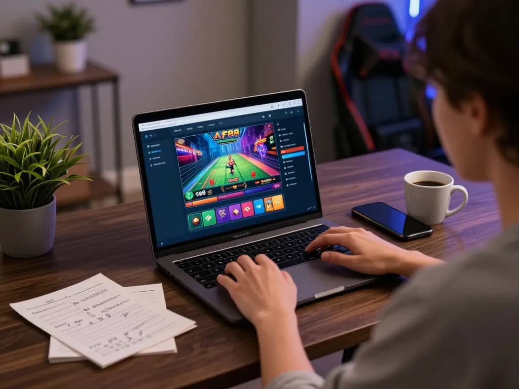 AF88 online gaming with a focused player engaging on a laptop at a stylish home desk.