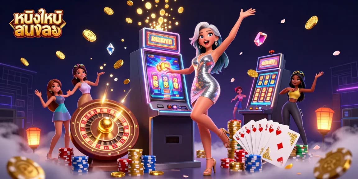 Experience excitement with หนังใหม่ชนโรง at a vibrant casino scene featuring jackpots and splendid visuals.
