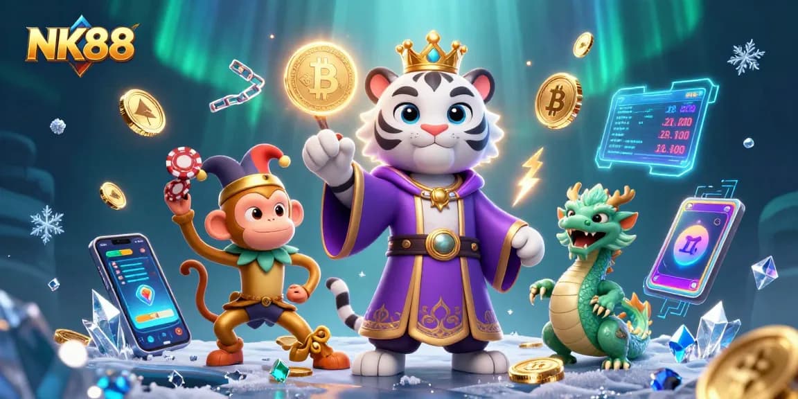 Engage with NK88, where a white tiger, monkey, and jade dragon embody the vibrant casino experience.