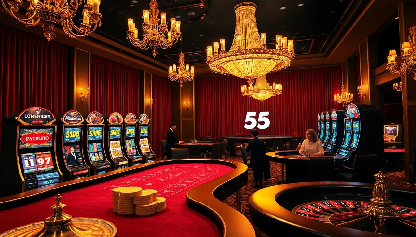 Excited players place bets at win55 casino tables, enjoying a luxurious gambling experience.