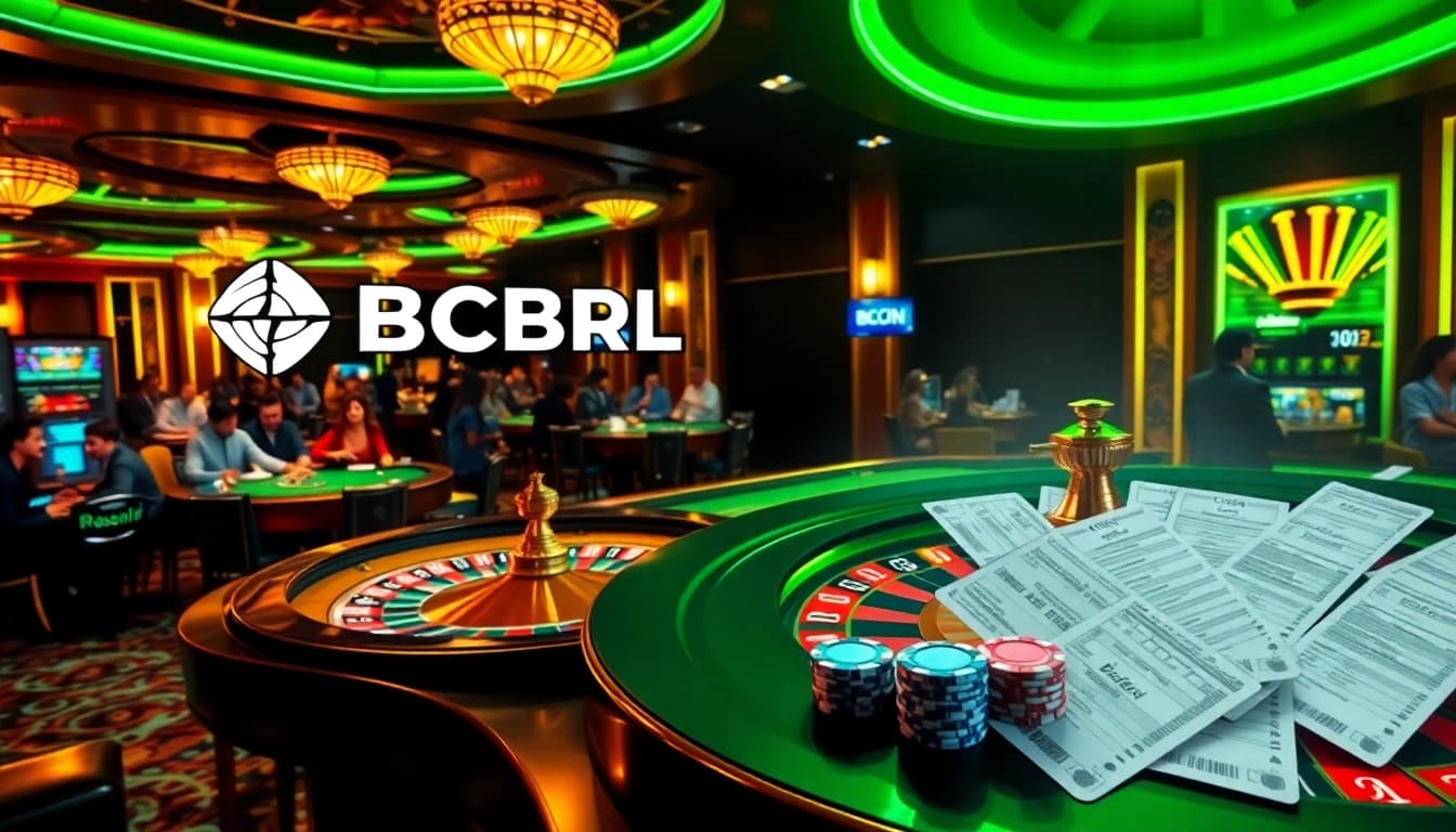 Participa en una experiencia de juego emocionante con BCBRL en mesas de casino con luces de neón vibrantes.