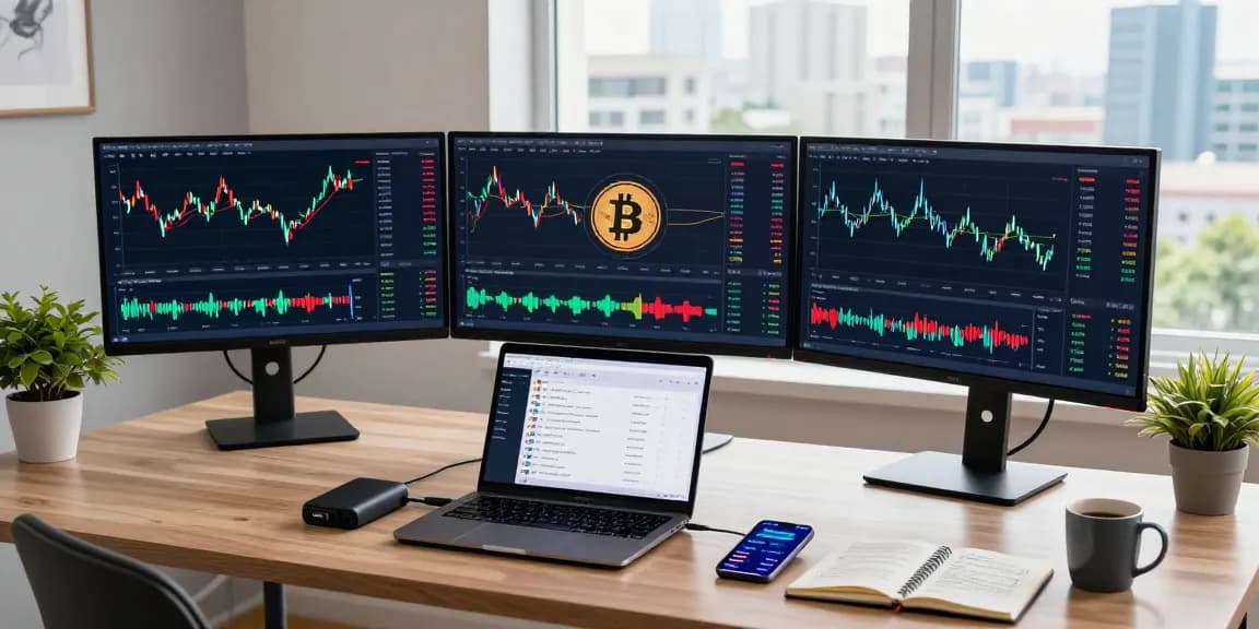 Cricbet cryptocurrency trading setup with monitors displaying Bitcoin charts and DeFi platforms in a modern home office.