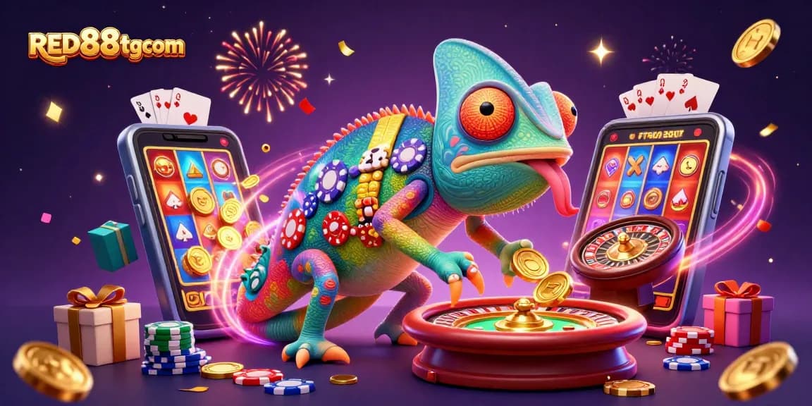 Engage with RED88tgcom's vibrant casino scene featuring a colorful chameleon and dynamic game elements.
