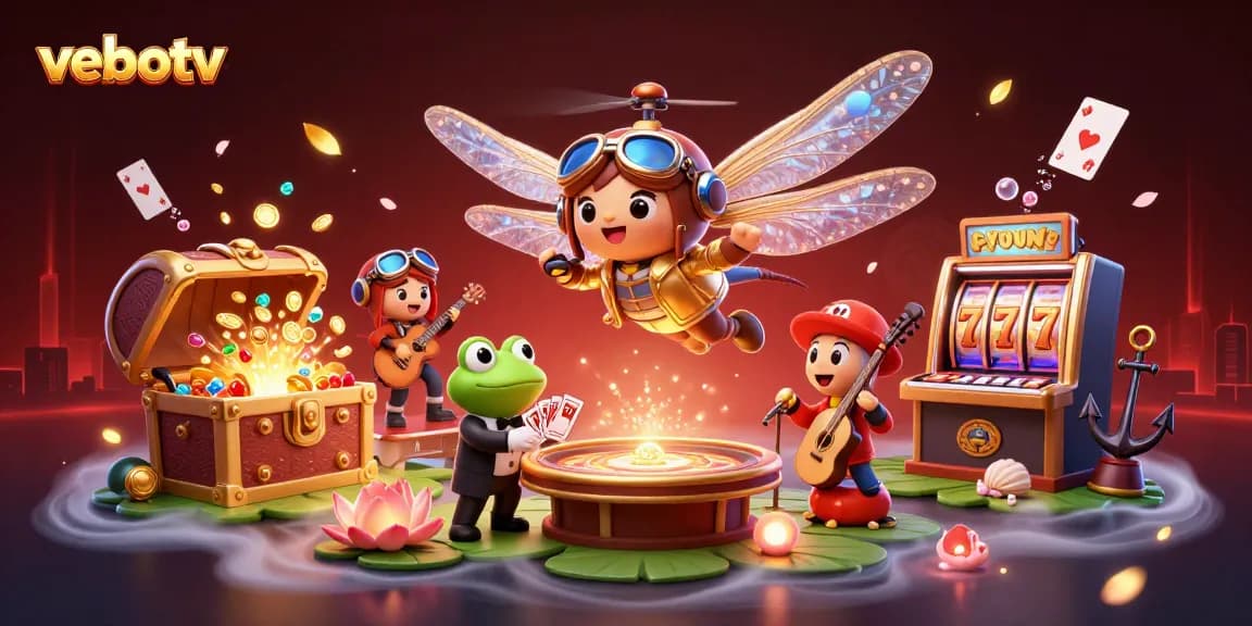 Experience thrilling action with vebotv in this vibrant casino-themed illustration featuring unique characters.