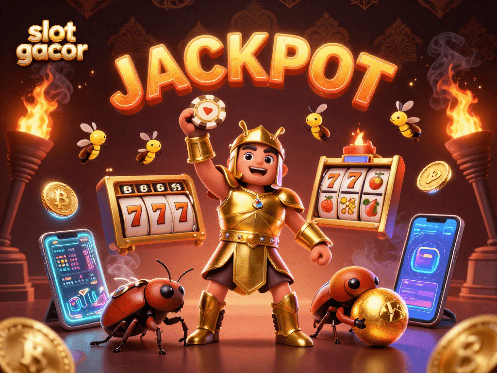 Menangkan slot gacor dengan keberuntungan dari serangga kartun 3D dalam suasana kasino yang megah.