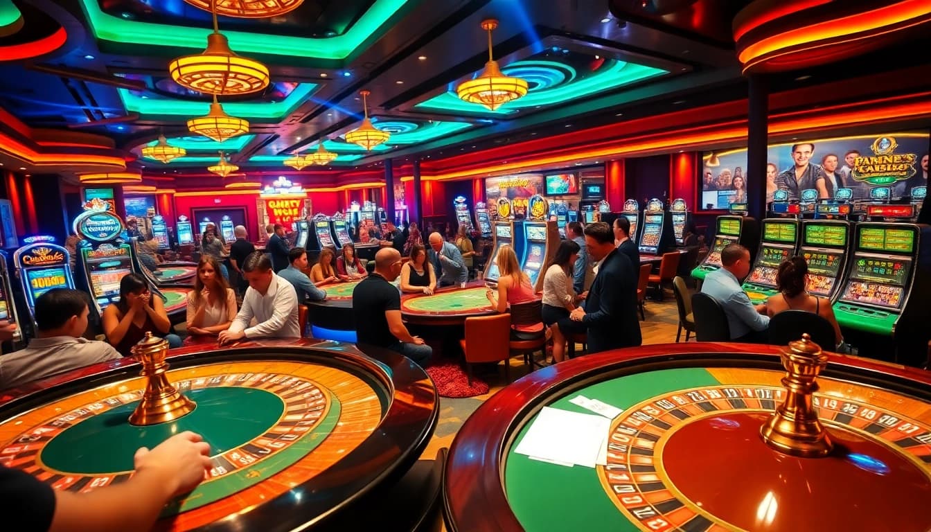 Exciting casino atmosphere showcasing vibrant gambling activities at https://keobongda2.vip/ with players engaged at tables and slot machines.