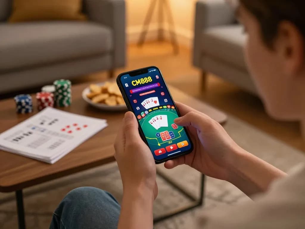 Engaging with CM888 casino app while enjoying poker at home, showcasing responsible gambling.