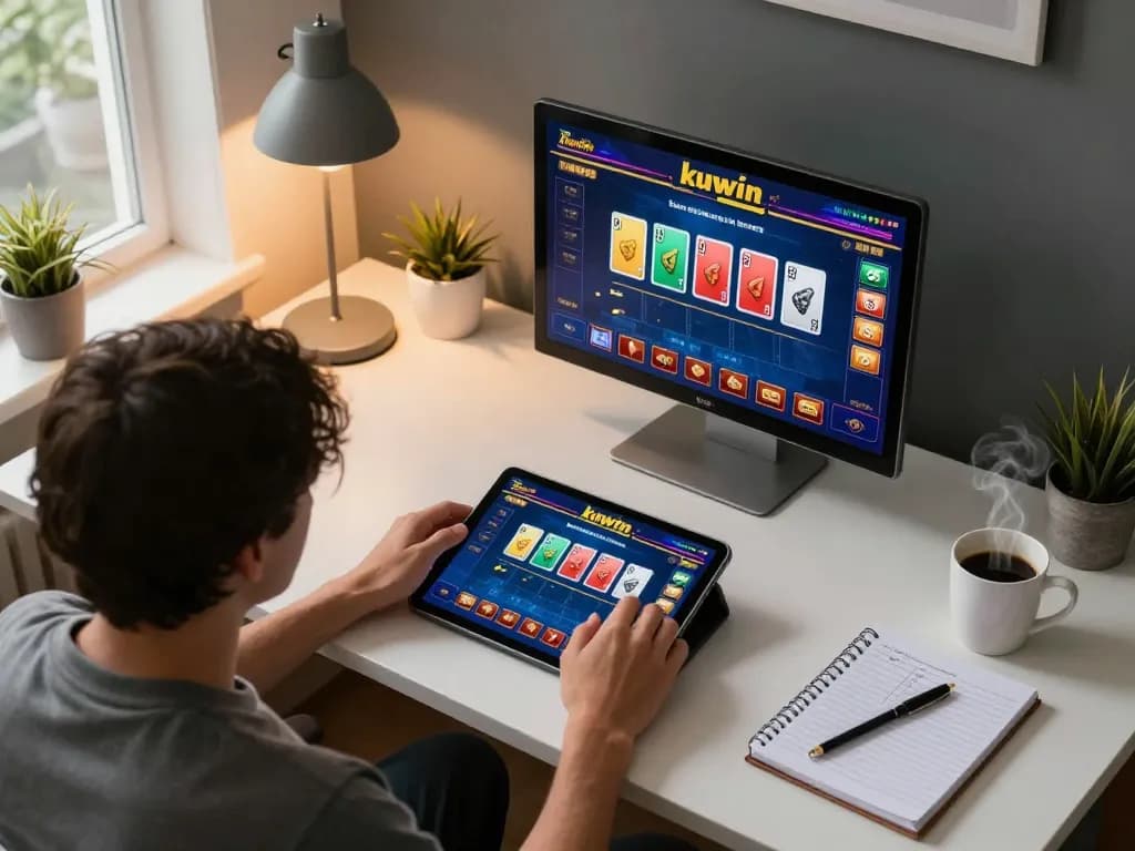 Kuwin player engaging in online casino games with tablet in cozy setting