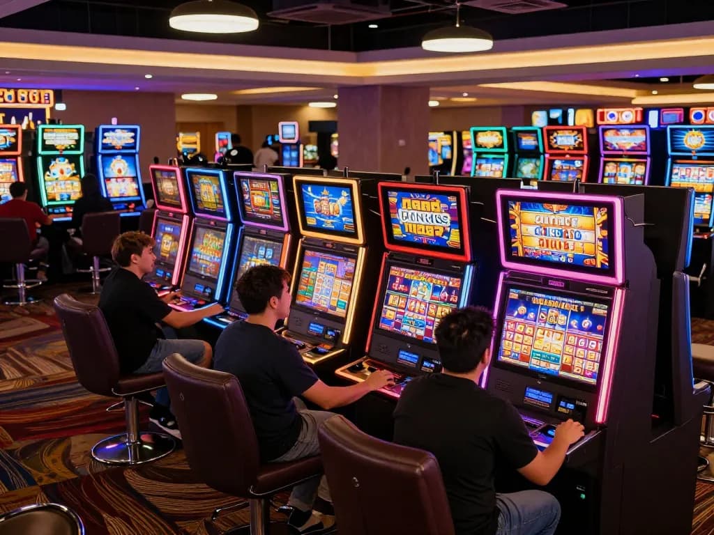 Pemain yang bersemangat terlibat dengan mesin slot yang menampilkan grafik berwarna-warni dan gameplay dinamis.