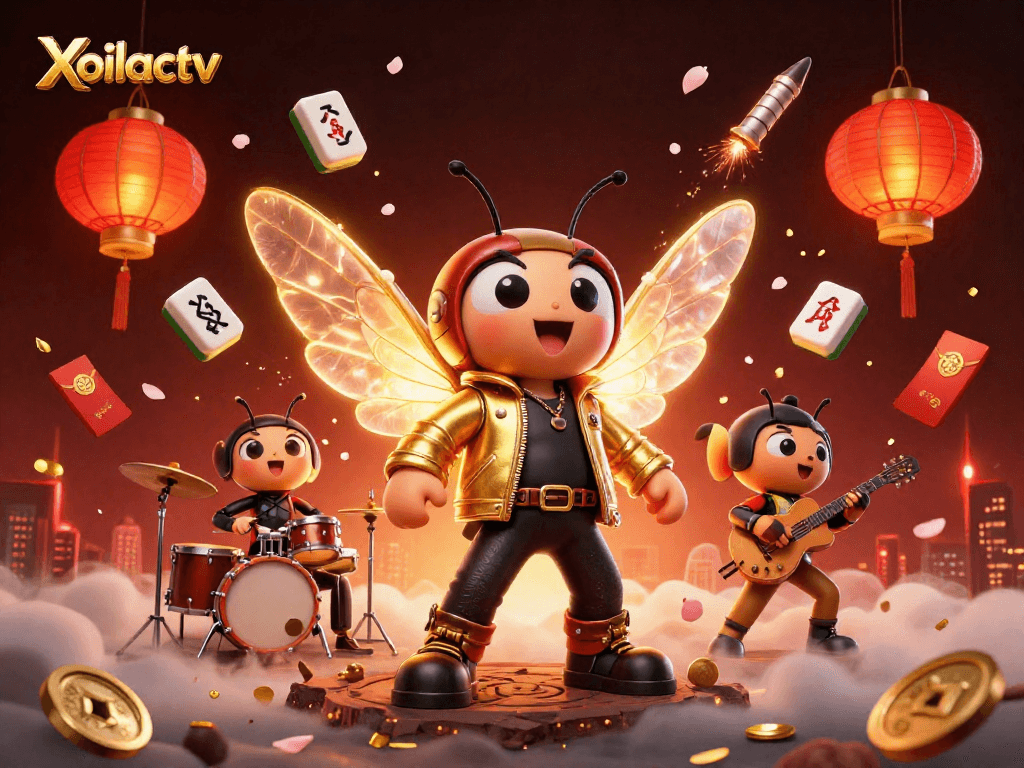 Xoilactv features a cicada rock star in a vibrant casino scene celebrating with fortune symbols.