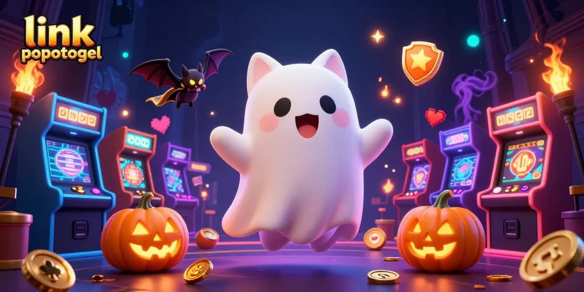 Play thrilling games at link popotogel with a ghost cat and vibrant casino elements.