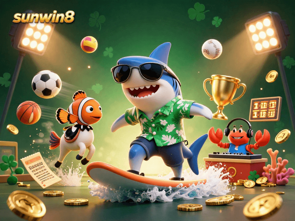 Experience the thrill of sunwin8 with a 3D illustration of a shark surfing on gold coins intertwined with sports elements.