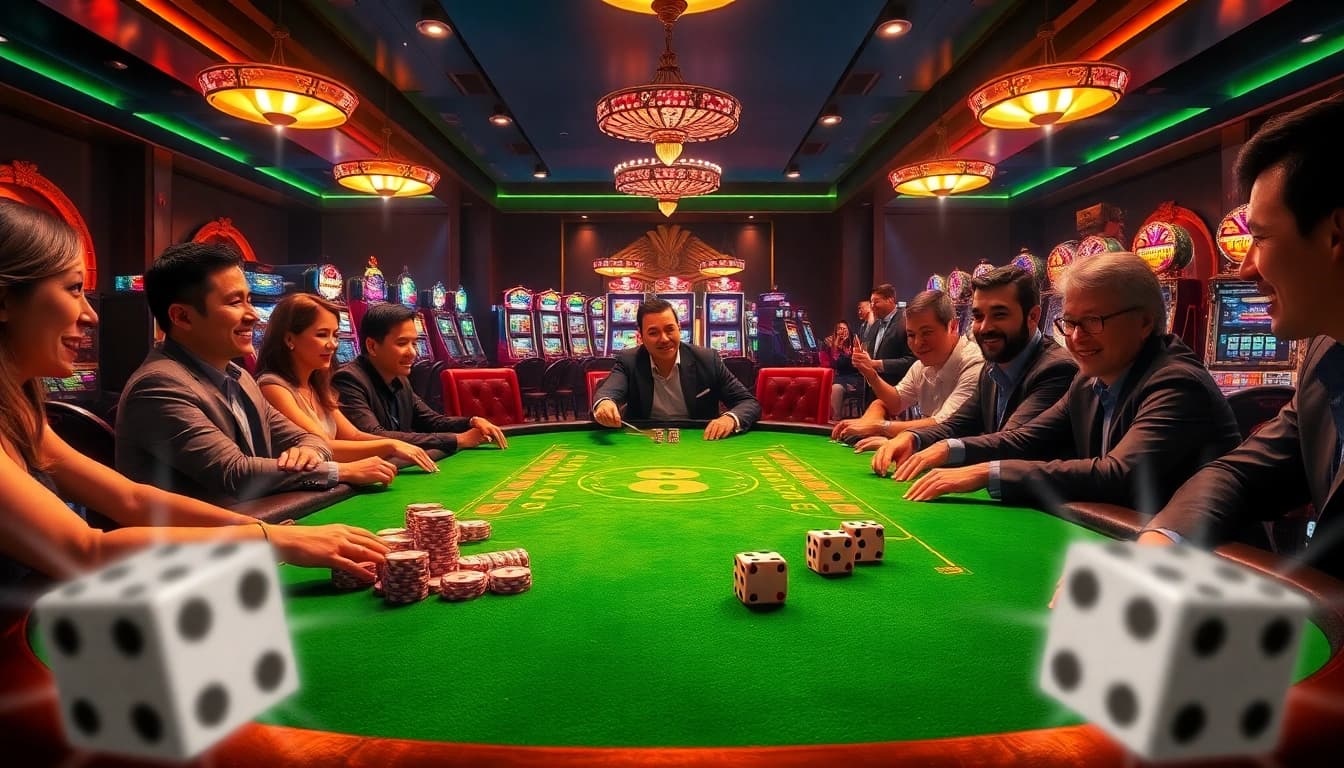 Players enjoying a high-stakes poker game at a luxurious casino highlighting luck 8.