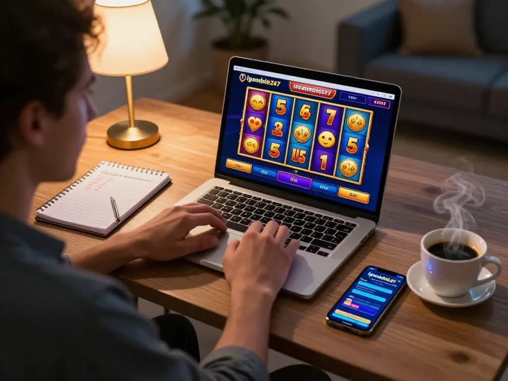 Player enjoying Igamble247 Slot on laptop while strategizing with notes in cozy home office.