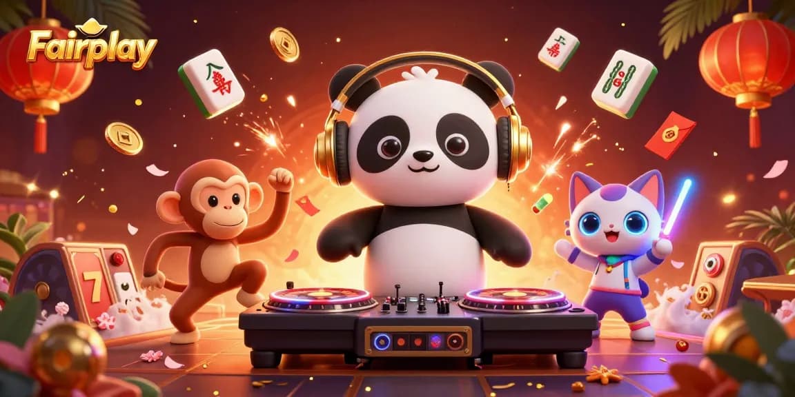 Experience Fairplay at a vibrant 3D casino scene with cartoon characters celebrating and gaming.