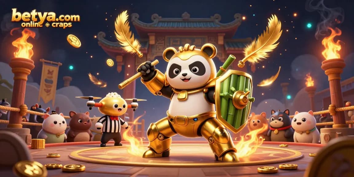 Engage in betya.com online craps with a dynamic mech-suit panda battling in a vibrant gambling arena.