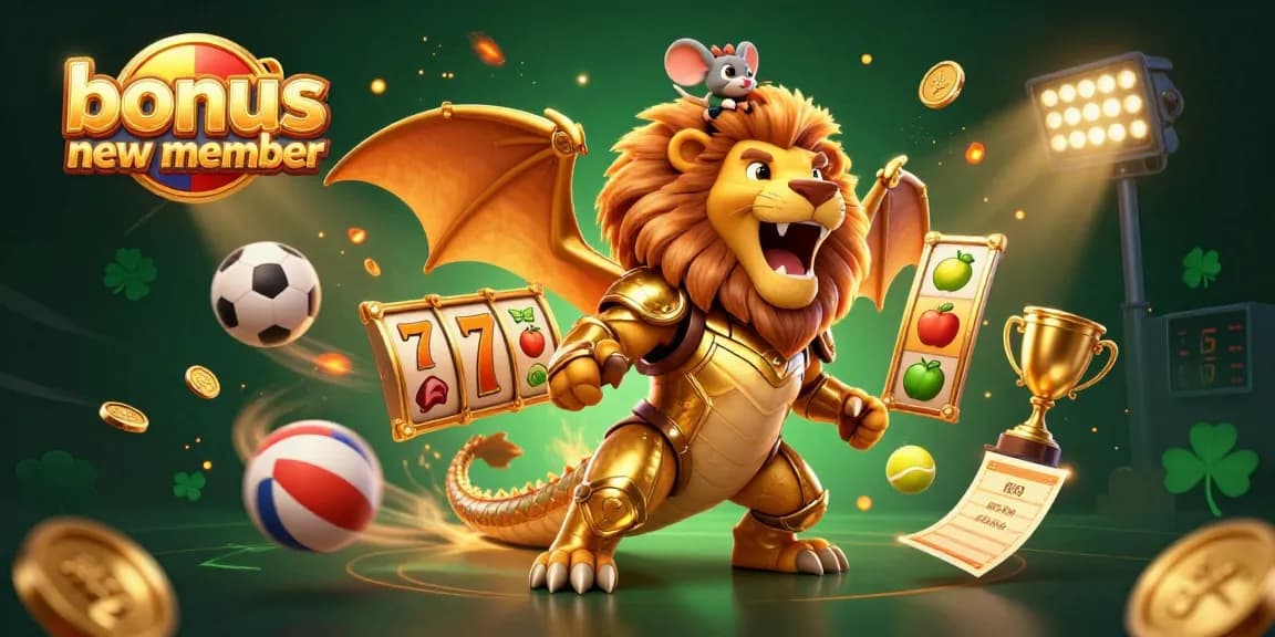 Engage in the gaming world with exciting bonus new member offers featuring an ultra-detailed chimera and vibrant casino elements.