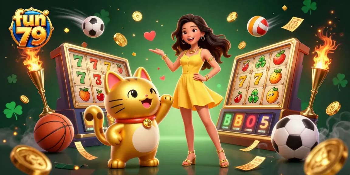 Experience exciting gaming with fun 79 as the lucky woman interacts with a golden cat in a rich, dynamic casino scene.