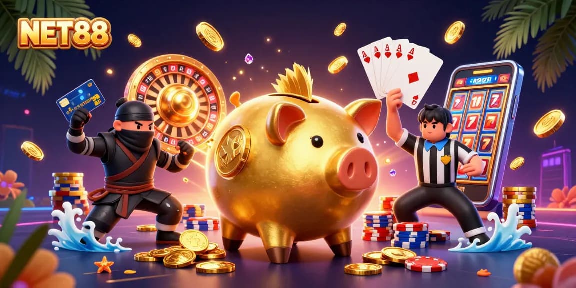 NET88 showcases an engaging scene with a piggy bank sumo wrestler, coins cascading, and vibrant gaming elements.
