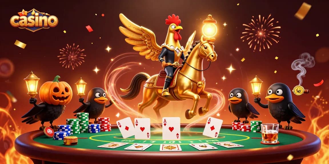 Experience casino thrills with a golden rooster and friends in a vibrant casino scene.