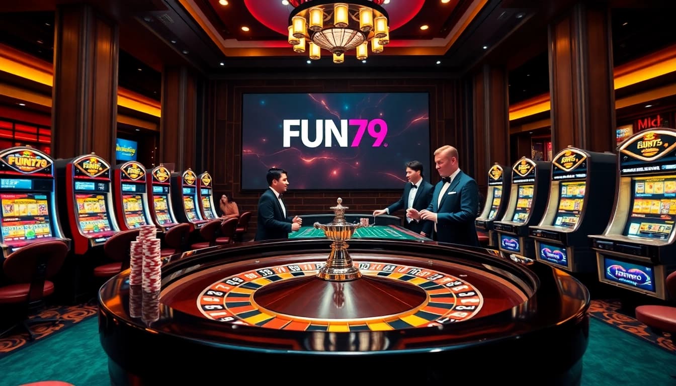 Excited players engage at the FUN79 casino's roulette table, highlighting the thrill of winning.
