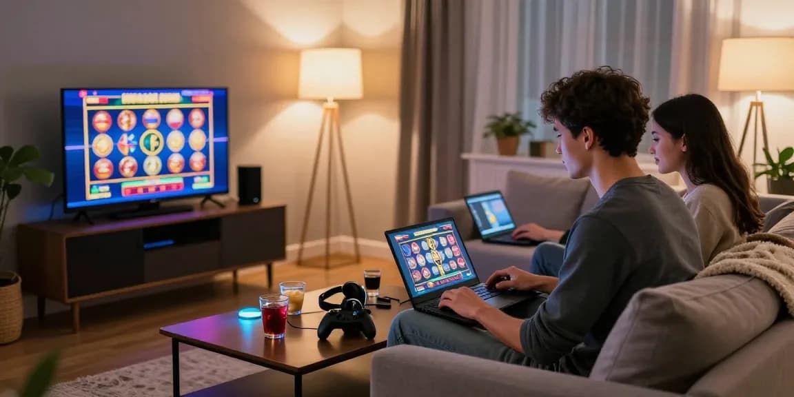 Exciting online casino gaming scene at https://hrnd.co.uk with players enjoying vibrant slot games in a cozy setting.