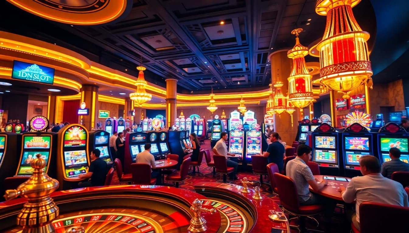 Experience thrilling gaming at idnslot with vibrant slot machines and a luxurious casino atmosphere.