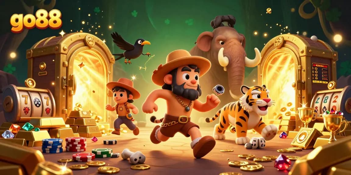 Join the fun at go88 with this vibrant scene featuring a caveman and sabertooth duo at a prehistoric casino.