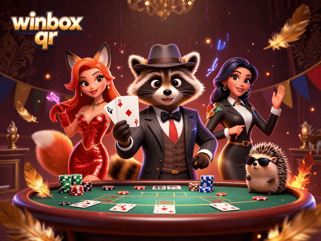 Experience exciting casino action with winbox qr, as a suave raccoon plays poker at a vibrant table.