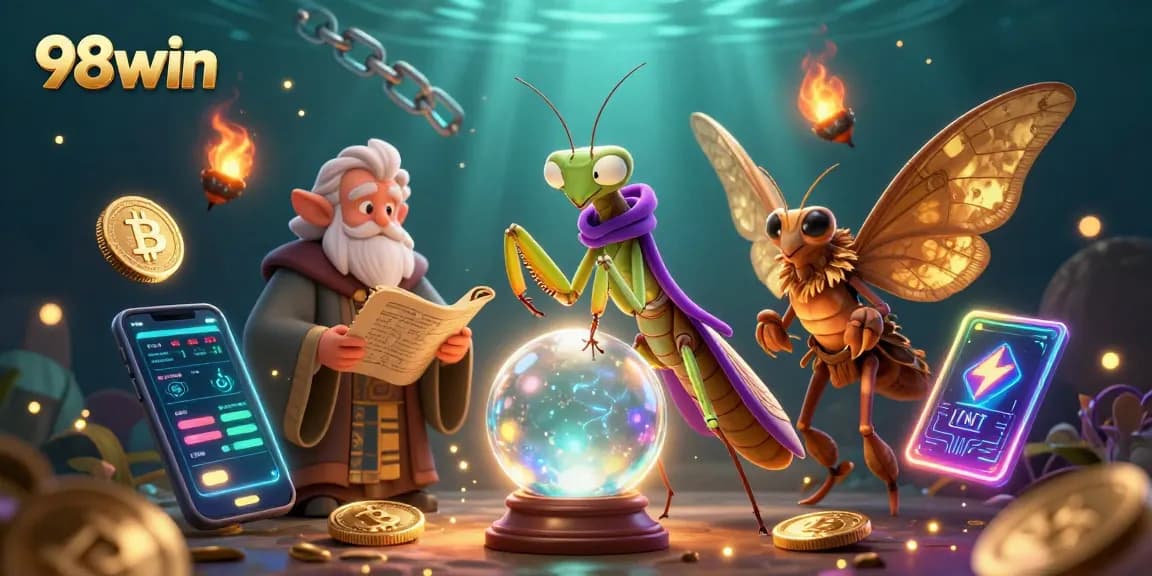 Experience the magic of 98win, unveiling crystal ball fortunes in a vibrant casino scene.