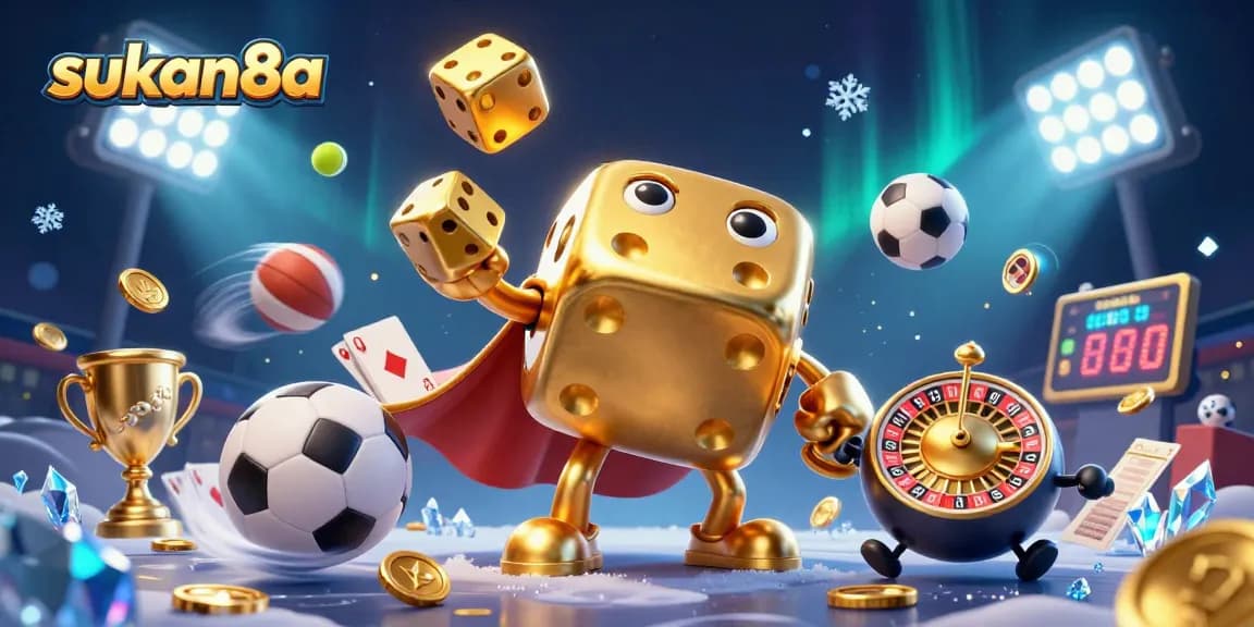 Sukan8a shows a dynamic 3D scene with a golden dice golem and sports elements, celebrating casino wins.