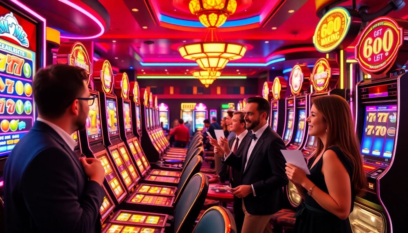 Players celebrating their wins on slot gacor machines in a vibrant casino atmosphere with bright lights.