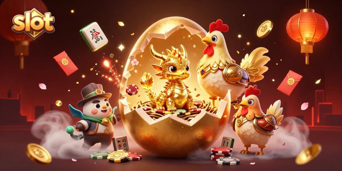 Experience the excitement of slot games with a golden dragon and poker chips in a vibrant casino scene.