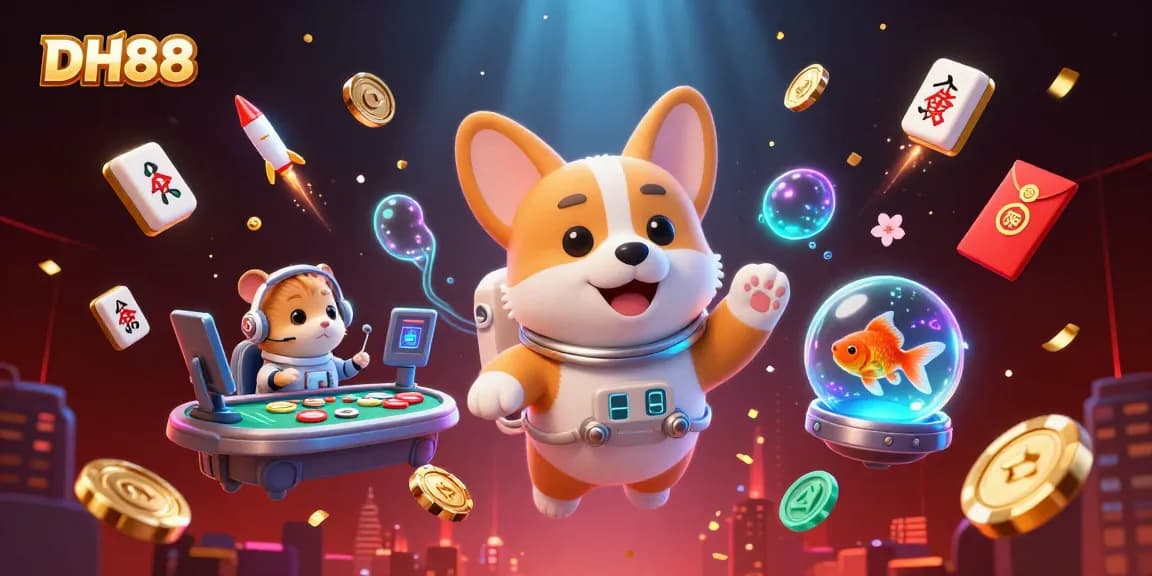 DH88 features a corgi astronaut enjoying a cosmic casino adventure filled with floating poker chips and bonuses.