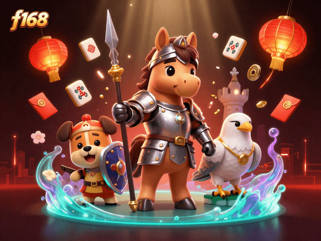 Experience excitement at f168 with detailed casino-themed illustration of a knight, squire, and falcon.