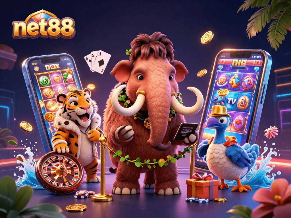 net88 offers a vibrant 3D casino scene with a mammoth bouncer, VIP guest, and dynamic game elements.