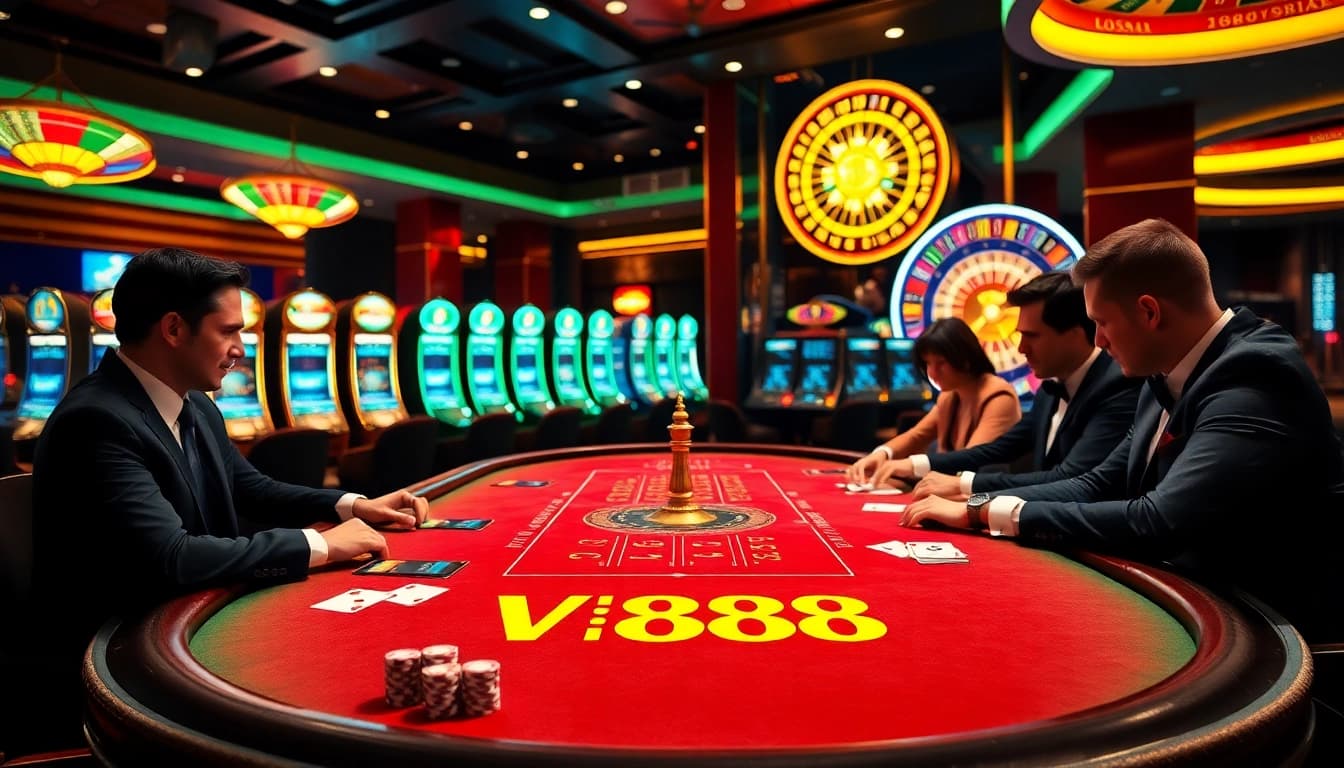 Engaging session at VB88 poker table with chips and cards in a luxurious casino setting.